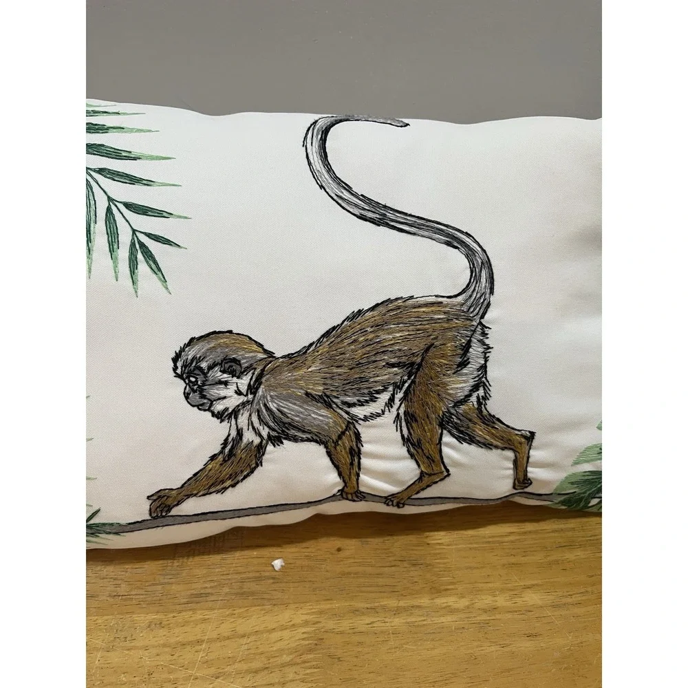 Pier 1‎ Monkey Palm Trees Throw Pillow 20x12 Green Brown Embroidered Tassels